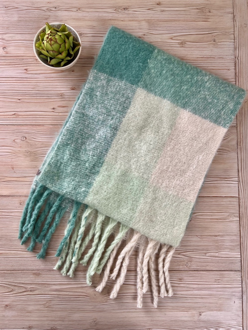 Lucky Brand Colorblock Oversized Scarf Sage Green Ivory NWT